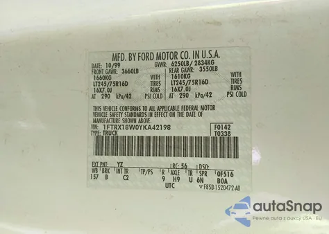 2000 Ford F-150 Lariat/Work Series/Xl/Xlt из США, поврежденный, VIN 1FTRX18W0YKA42198